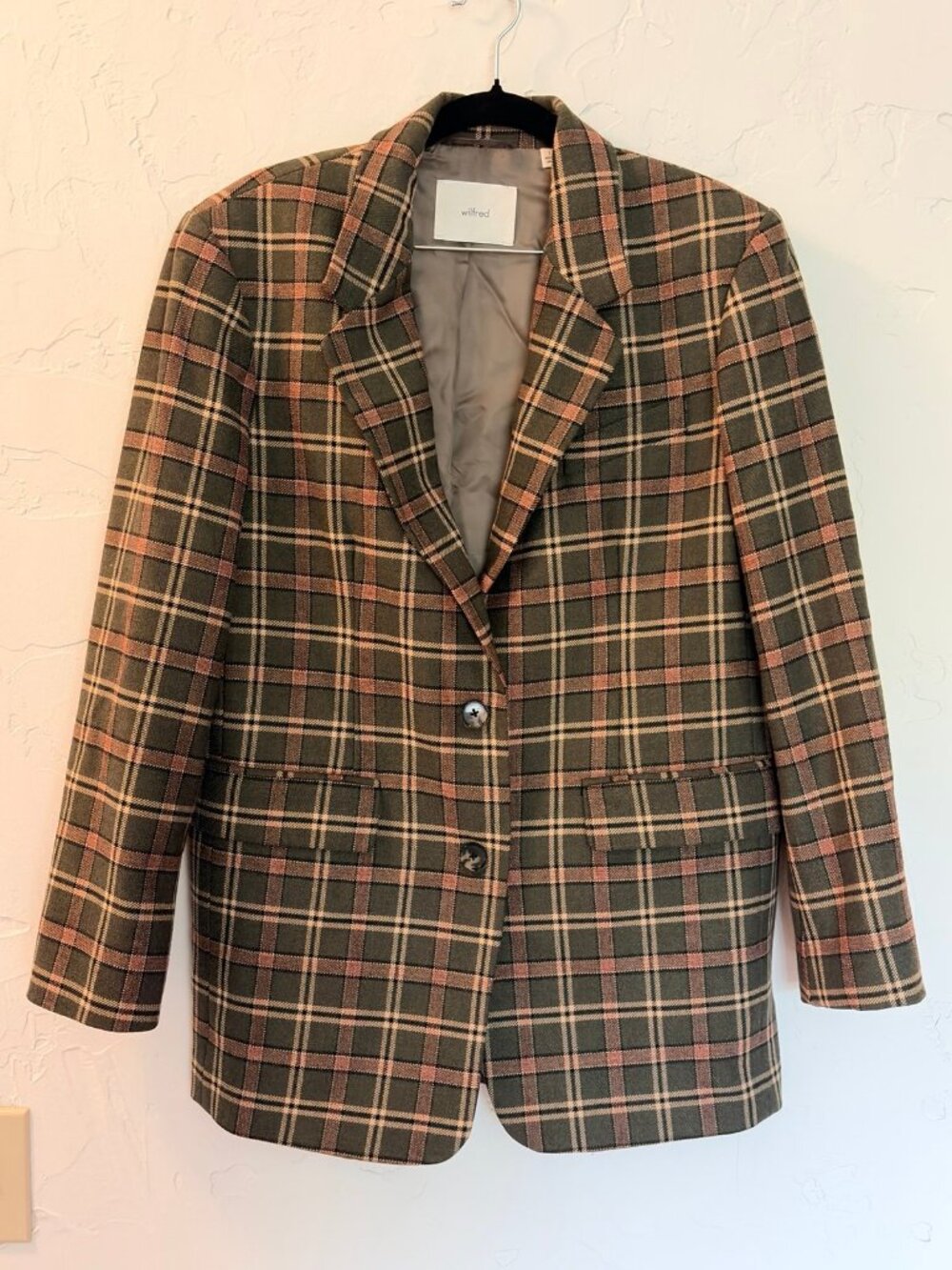 Wilfred Aritzia Oversized Plaid Blazer Olive Pink Women's Size Small